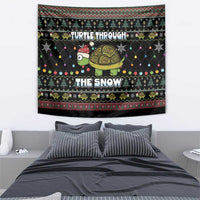 Christmas tapestry showing turtle with ornament hat, colorful lights, and "TURTLE THROUGH"