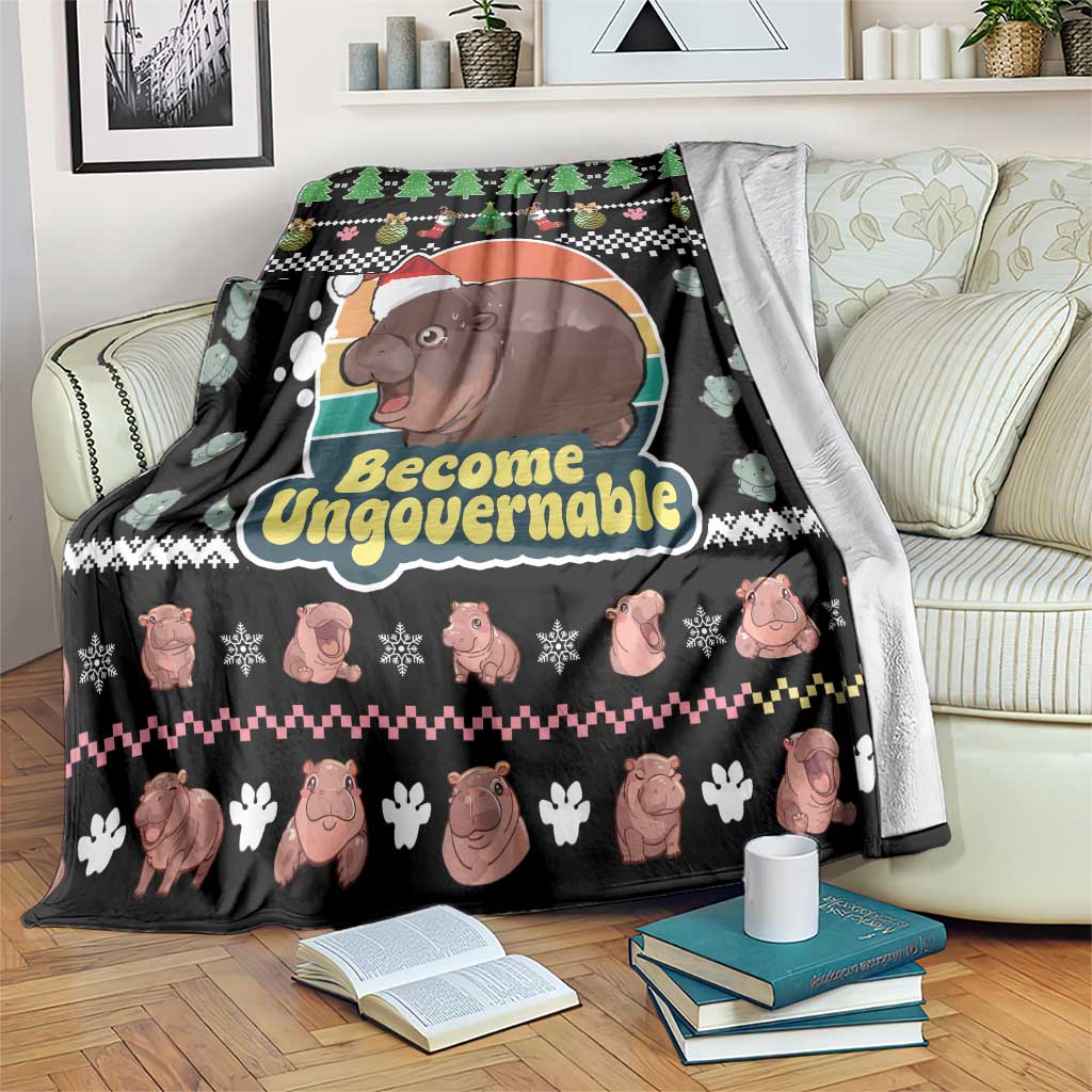 Christmas Become Ungovernable Moo Deng Blanket Humor Cute Baby Hippo Joke