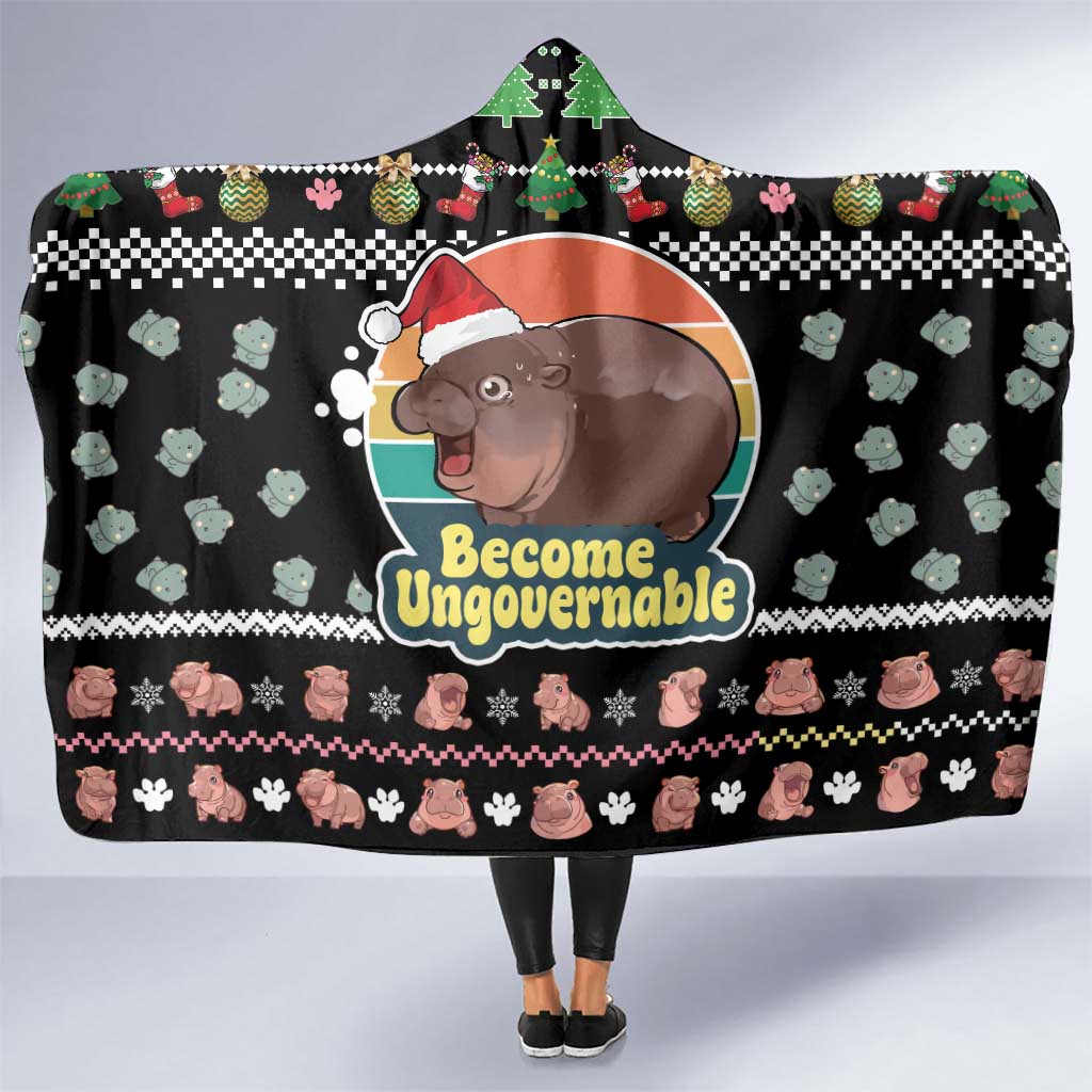 Christmas Become Ungovernable Moo Deng Hooded Blanket Humor Cute Baby Hippo Joke