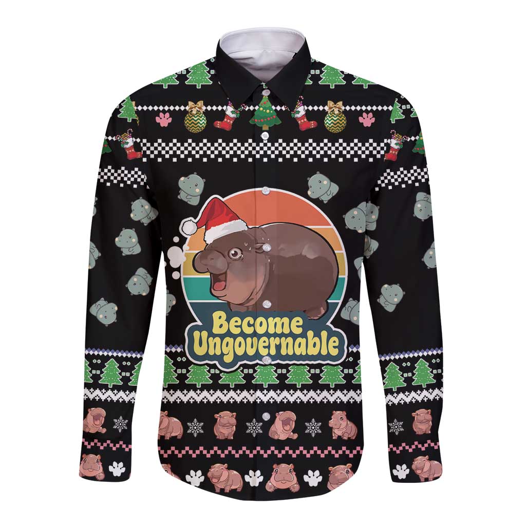 Black long-sleeve button shirt with cartoon hippo and 'Become Ungovernable' graphic