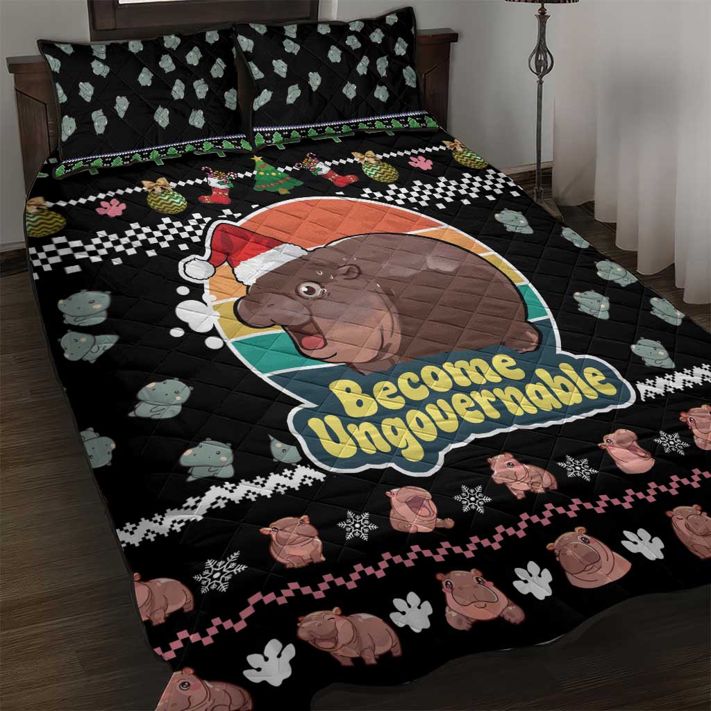 Christmas Become Ungovernable Moo Deng Quilt Bed Set Humor Cute Baby Hippo Joke - Wonder Print Shop