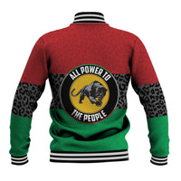 Back view of red panther baseball jacket with leopard pattern, green hem, striped ribbed cuffs