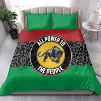 Duvet cover set with green pillows and black leopard print, red center stripe, panther logo