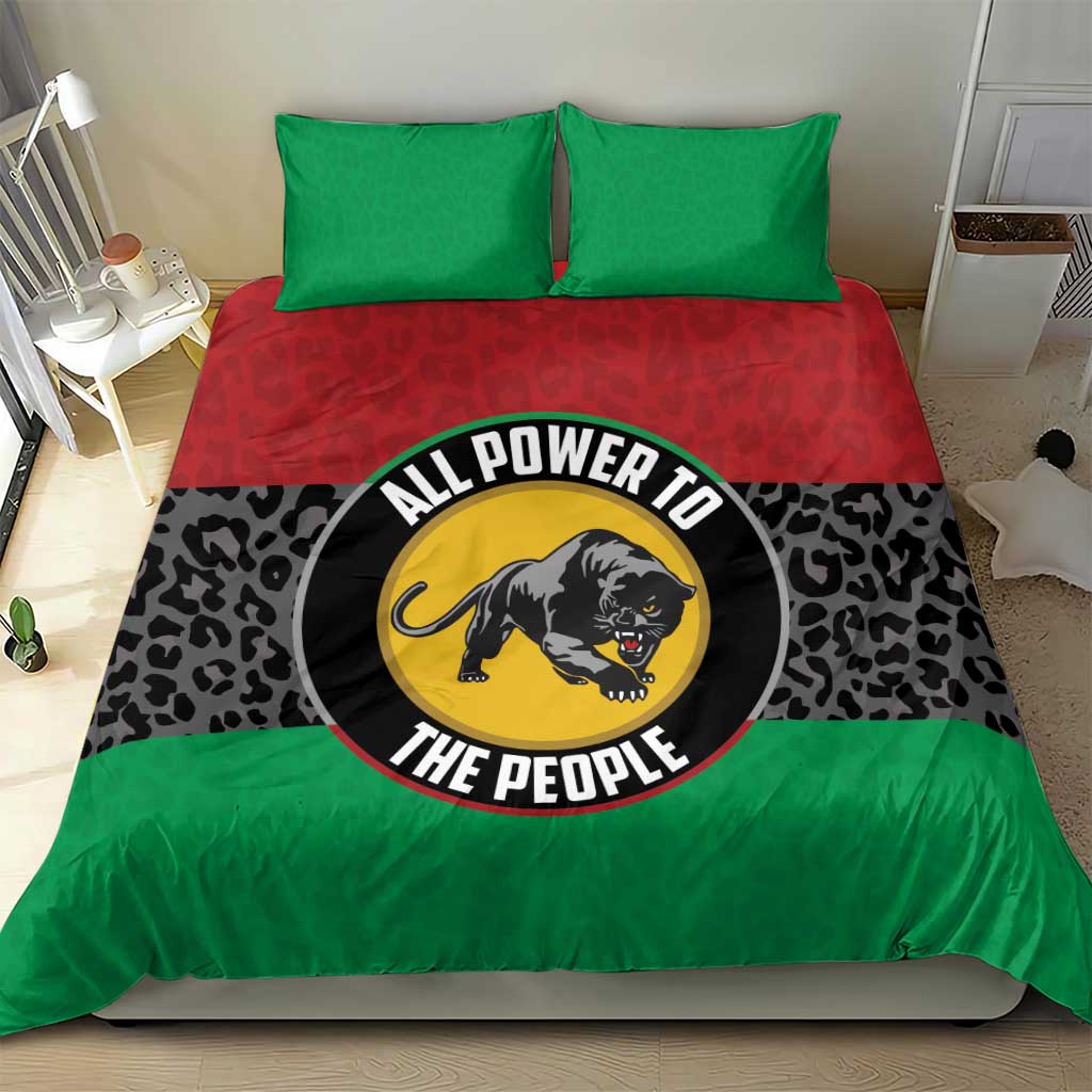 Duvet cover set with green pillows, red panel, and black leopard print with panther emblem