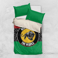 Green duvet cover set with two green pillows and black leopard print, yellow panther logo