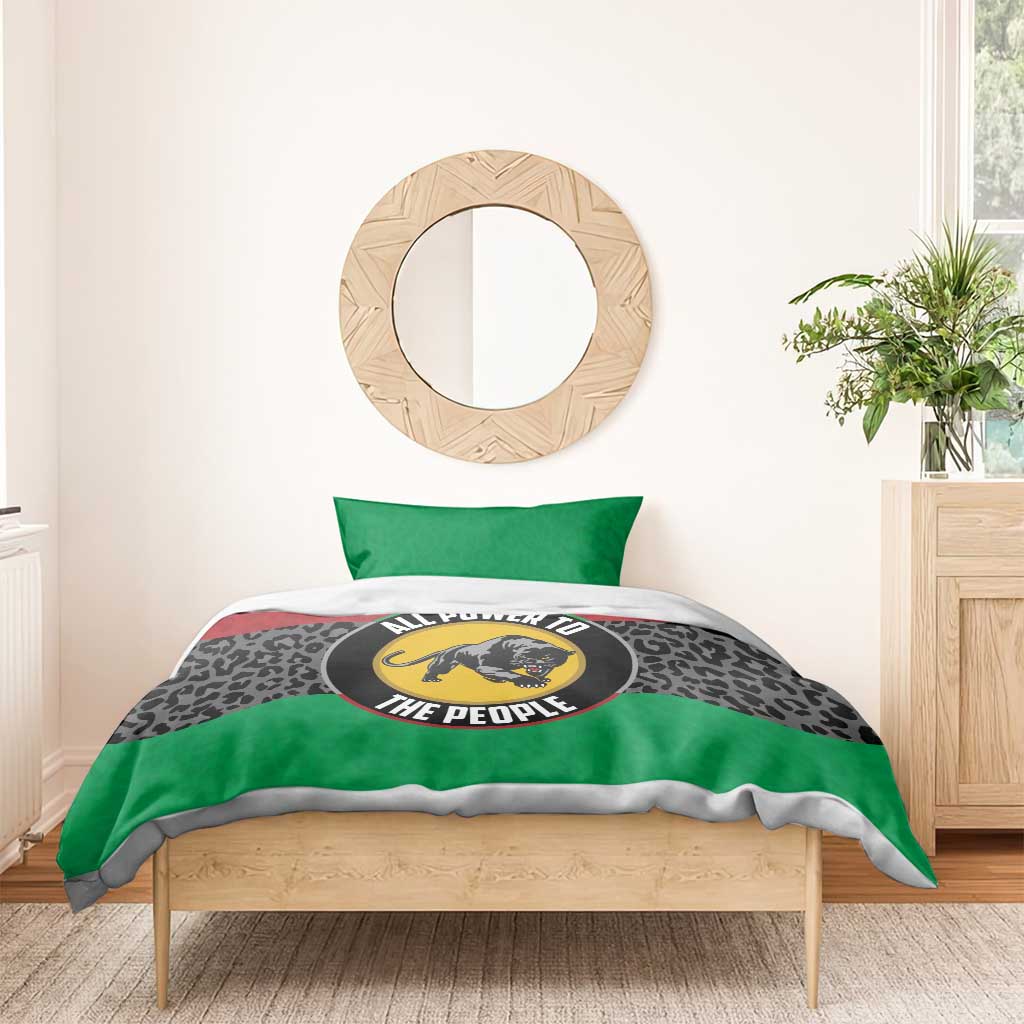 Green duvet cover set with black leopard print and yellow panther emblem on bed