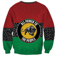Crewneck sweatshirt with centered panther emblem and leopard-pattern bands; red and green