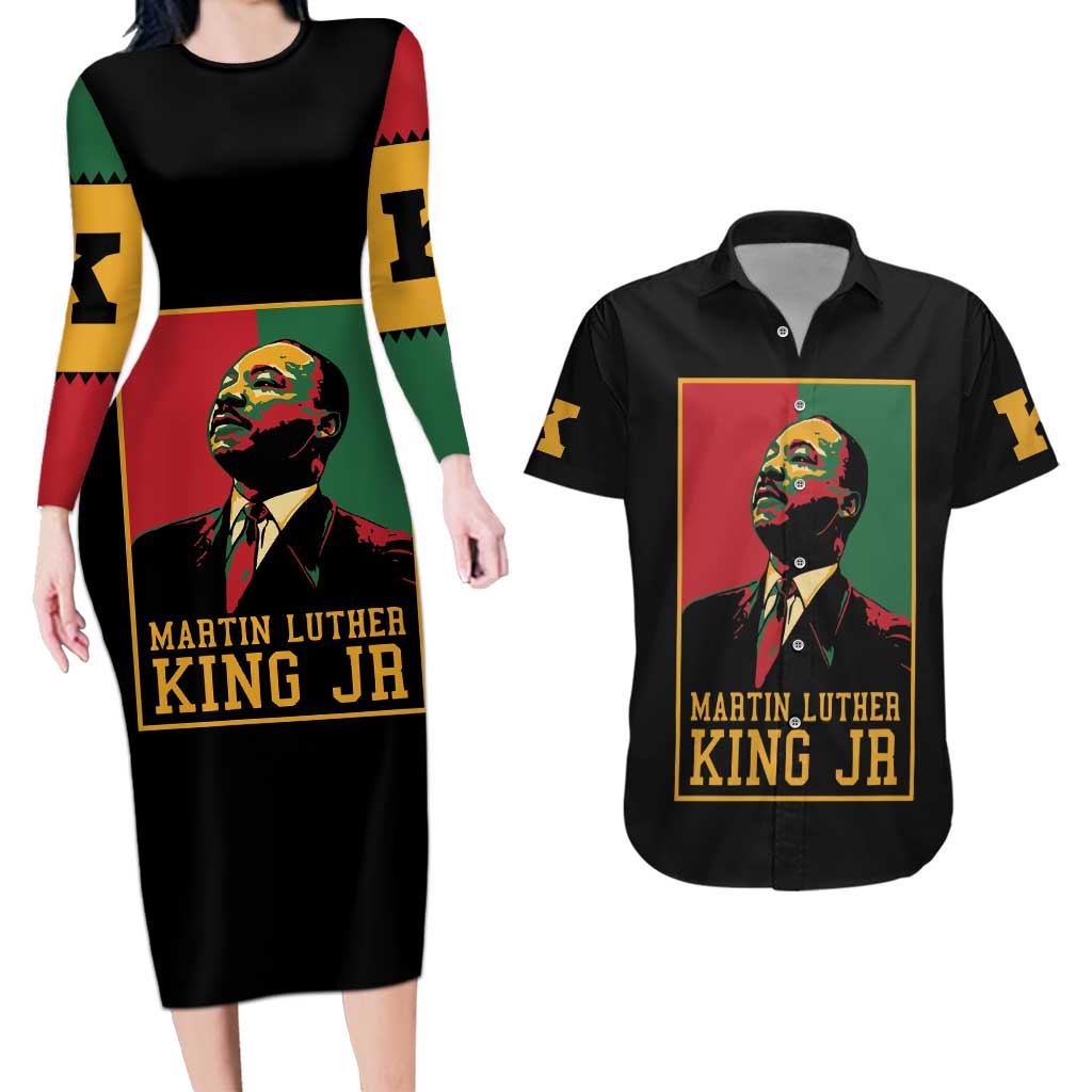 Martin Luther King Jr Couples Matching Long Sleeve Bodycon Dress and Hawaiian Shirt Retro Style