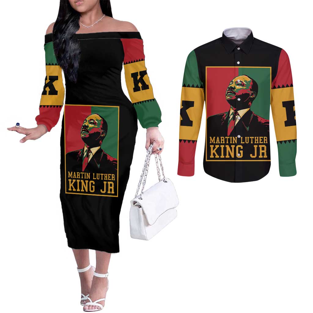 Martin Luther King Jr Couples Matching Off The Shoulder Long Sleeve Dress and Long Sleeve Button Shirt Retro Style