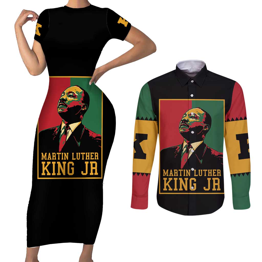 Martin Luther King Jr Couples Matching Short Sleeve Bodycon Dress and Long Sleeve Button Shirt Retro Style