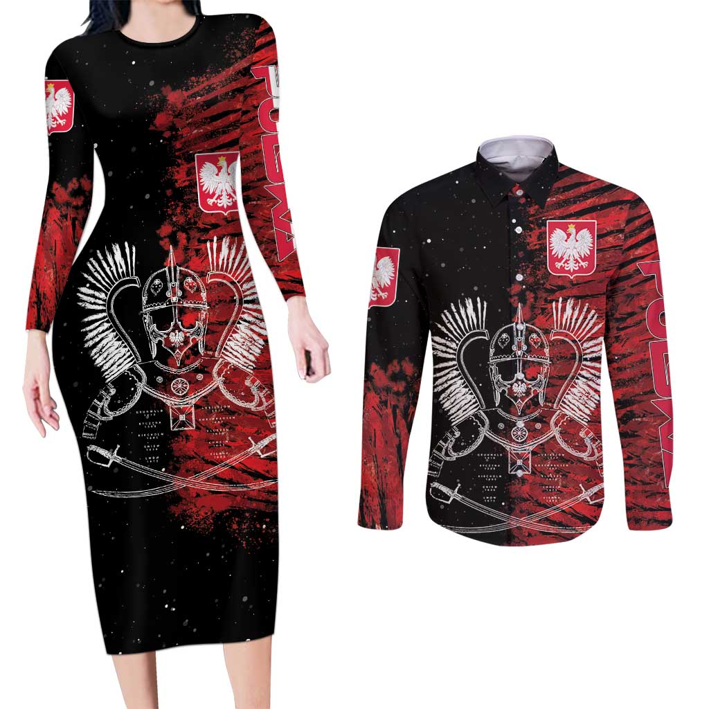 Polish Hussars Polska Couples Matching Long Sleeve Bodycon Dress and Long Sleeve Button Shirt Poland Coat of Arms