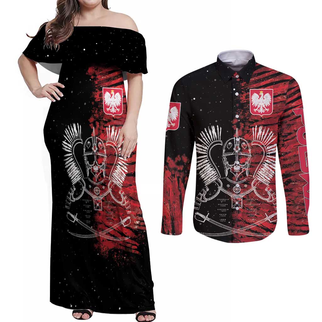 Polish Hussars Polska Couples Matching Off Shoulder Maxi Dress and Long Sleeve Button Shirt Poland Coat of Arms