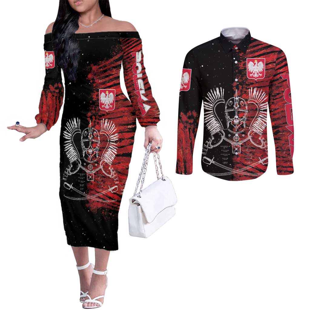 Polish Hussars Polska Couples Matching Off The Shoulder Long Sleeve Dress and Long Sleeve Button Shirt Poland Coat of Arms