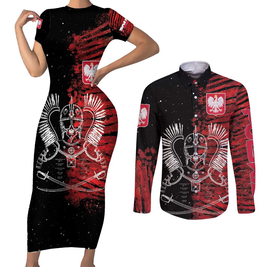 Polish Hussars Polska Couples Matching Short Sleeve Bodycon Dress and Long Sleeve Button Shirt Poland Coat of Arms