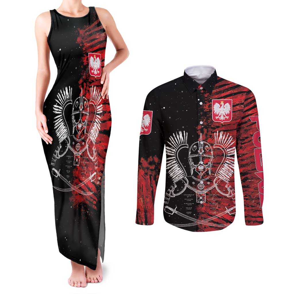 Polish Hussars Polska Couples Matching Tank Maxi Dress and Long Sleeve Button Shirt Poland Coat of Arms