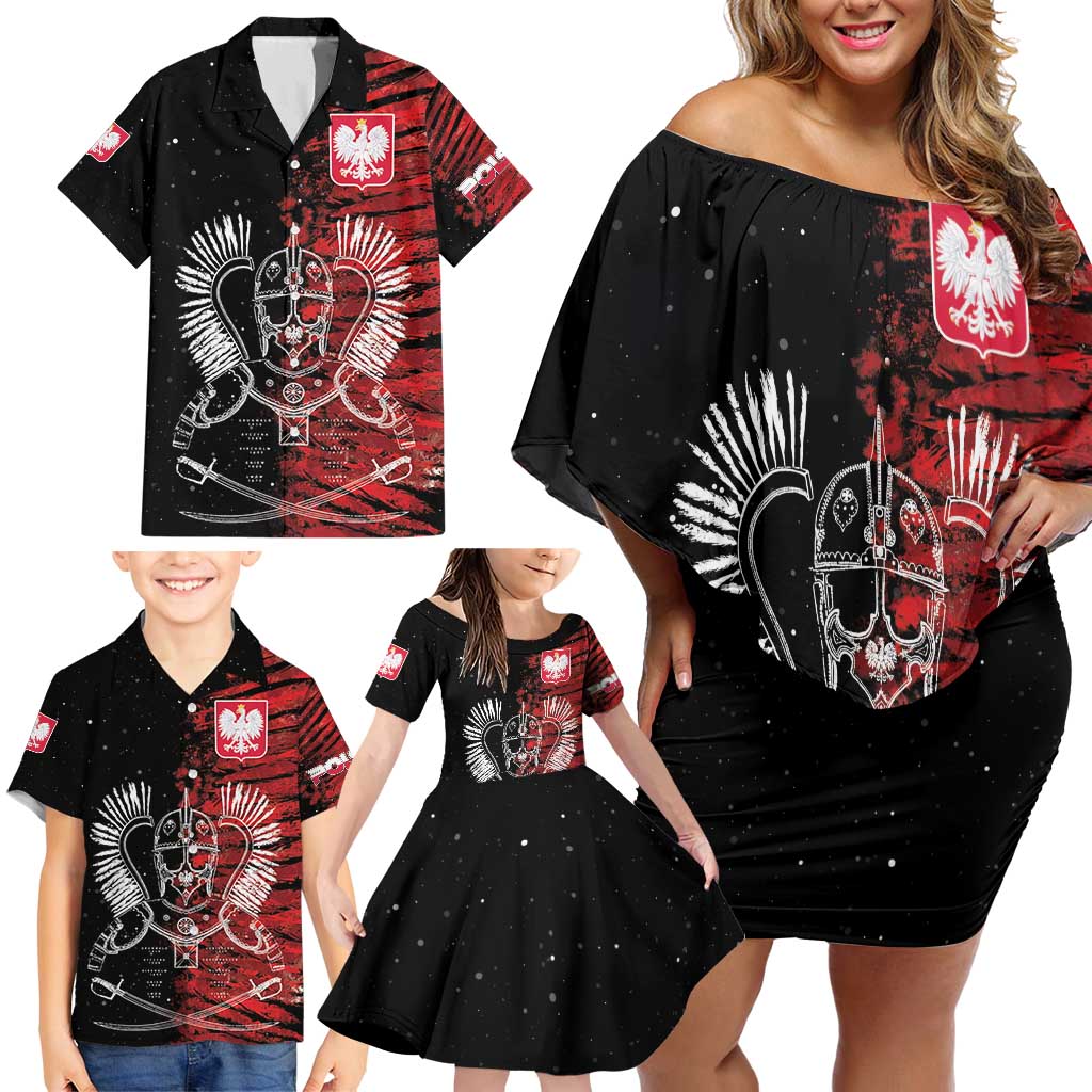 Polish Hussars Polska Family Matching Off Shoulder Short Dress and Hawaiian Shirt Poland Coat of Arms