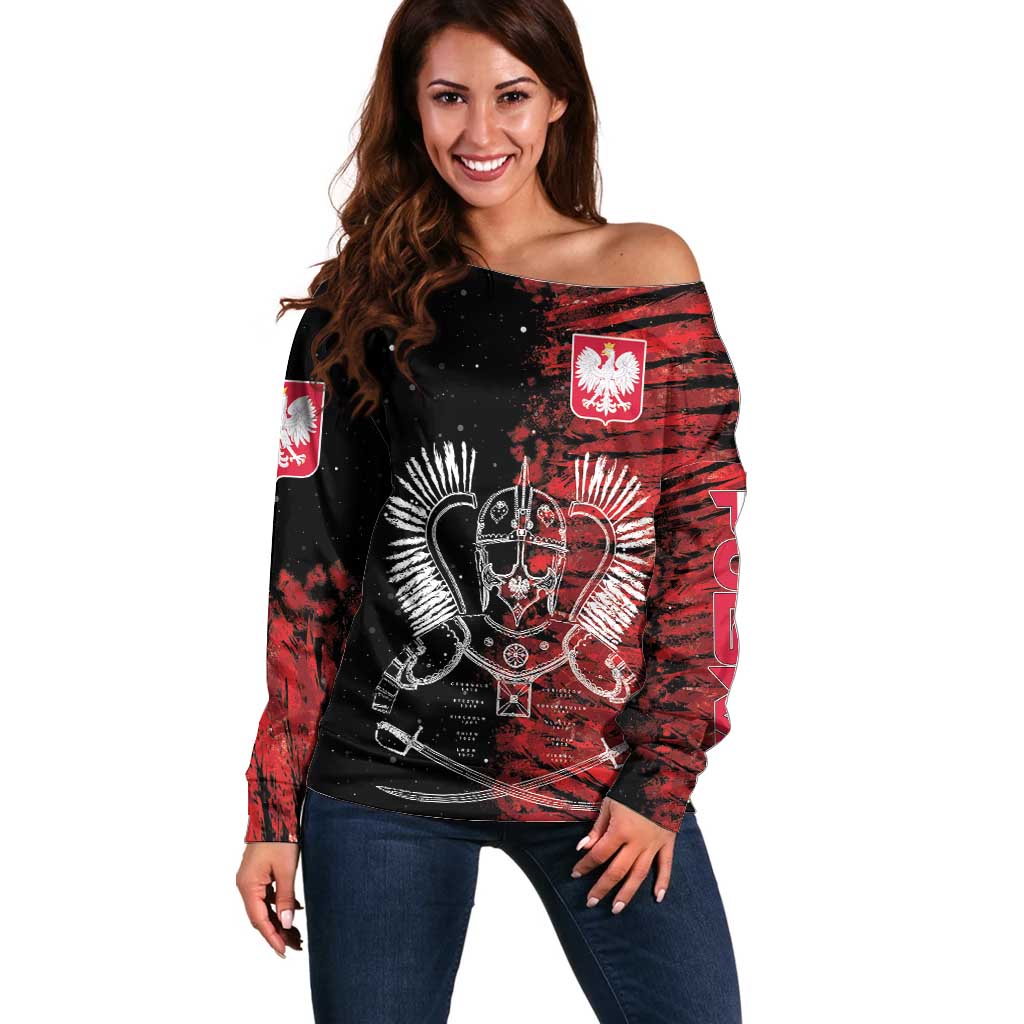 Polish Hussars Polska Off Shoulder Sweater Poland Coat of Arms