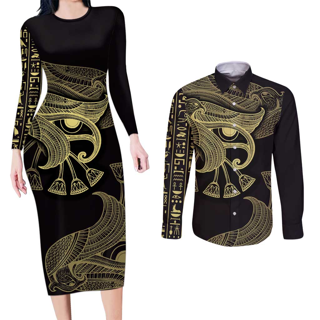 African Couples Matching Long Sleeve Bodycon Dress and Long Sleeve Button Shirt Horus Eyes Egyptian God