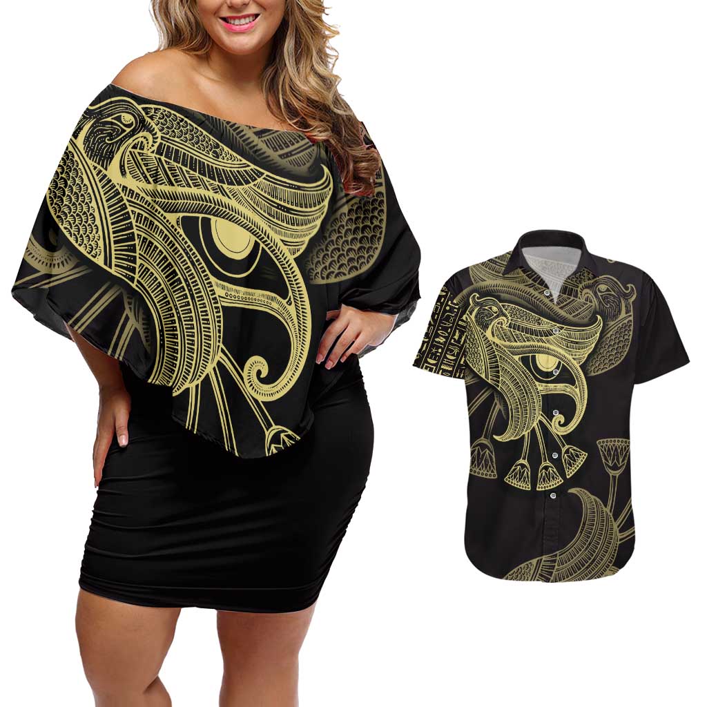 African Couples Matching Off Shoulder Short Dress and Hawaiian Shirt Horus Eyes Egyptian God