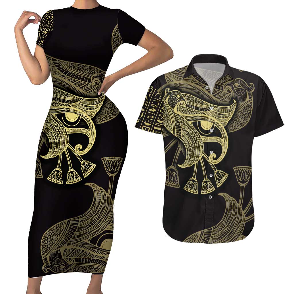 African Couples Matching Short Sleeve Bodycon Dress and Hawaiian Shirt Horus Eyes Egyptian God