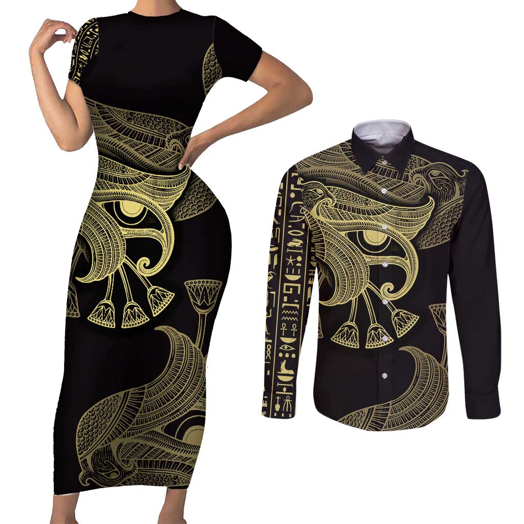 African Couples Matching Short Sleeve Bodycon Dress and Long Sleeve Button Shirt Horus Eyes Egyptian God