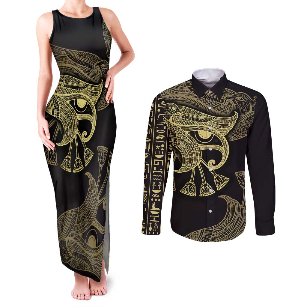 African Couples Matching Tank Maxi Dress and Long Sleeve Button Shirt Horus Eyes Egyptian God