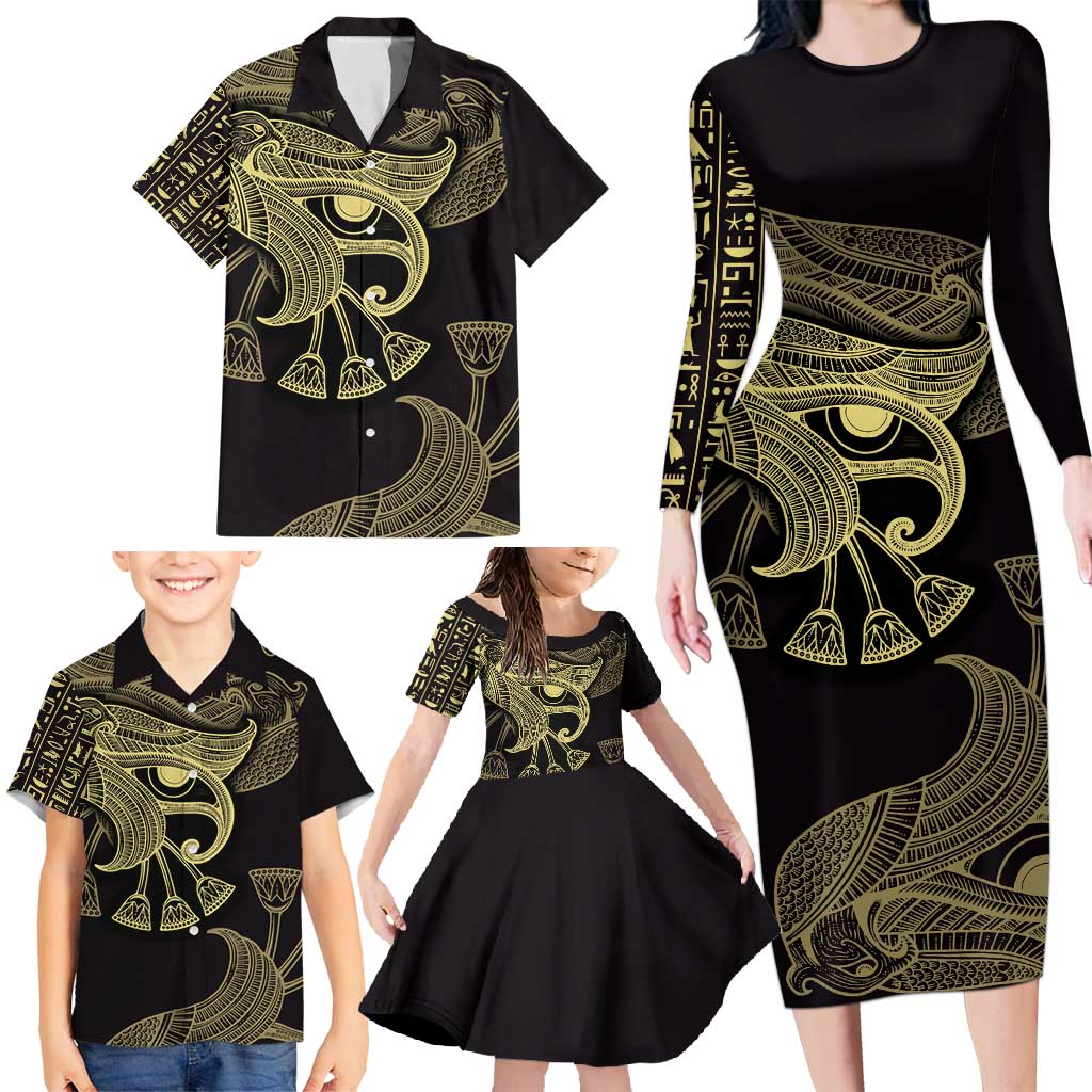 African Family Matching Long Sleeve Bodycon Dress and Hawaiian Shirt Horus Eyes Egyptian God