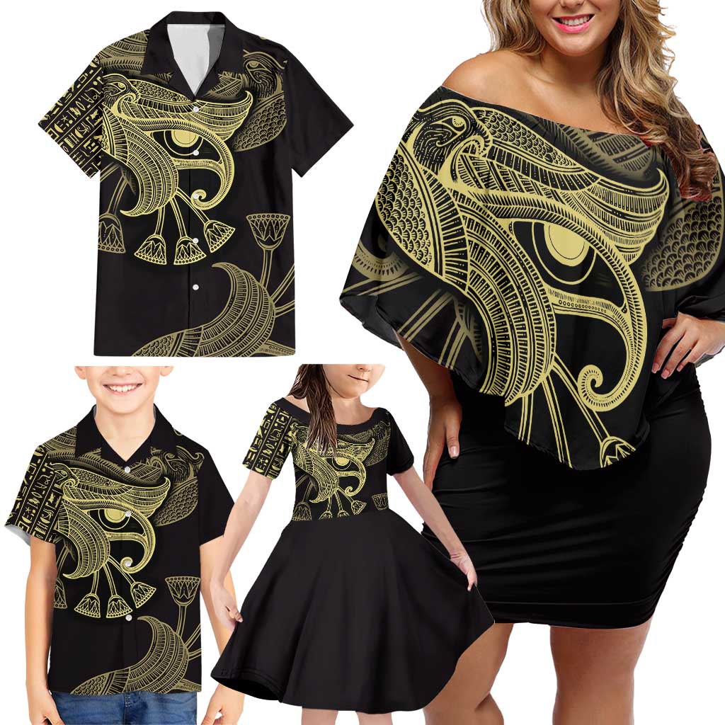 African Family Matching Off Shoulder Short Dress and Hawaiian Shirt Horus Eyes Egyptian God