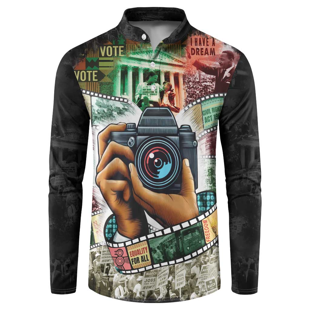 Black button sweatshirt with colorful camera-collage and film-strip graphic, long sleeves