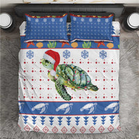 Christmas turtle bedding set: white cover with Santa-hat turtle and blue patterned border