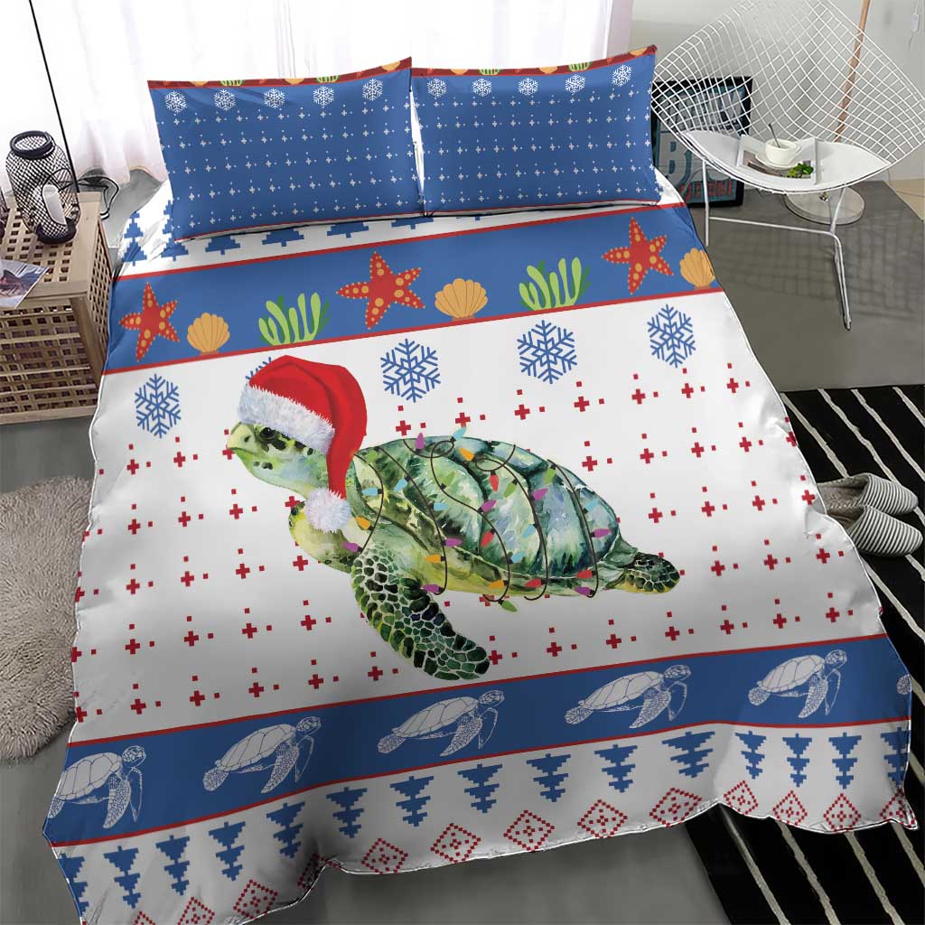 Christmas turtle bedding set with blue top band, Santa-hat sea turtle, and white cross pattern