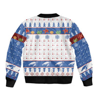 Unisex bomber jacket with sea turtle holiday print, ribbed hem and black collar