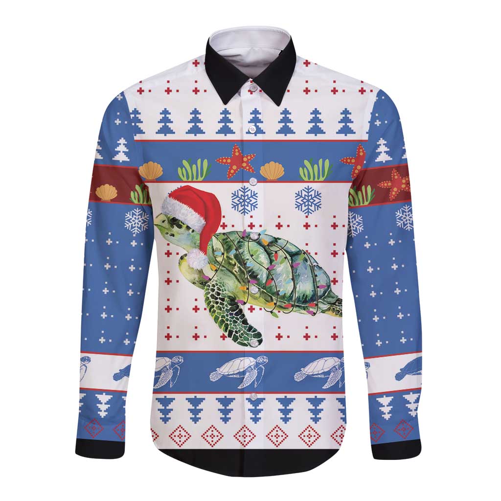 Unisex long sleeve button shirt with Christmas turtle front print in blue, white, red