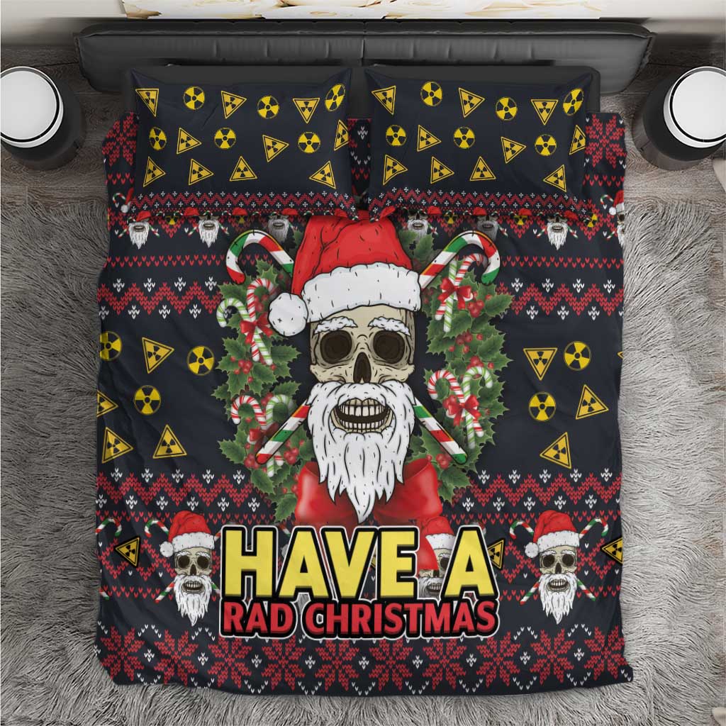 Black festive skull Santa bedding set with “Have a Rad Christmas” graphic and hazard icons.