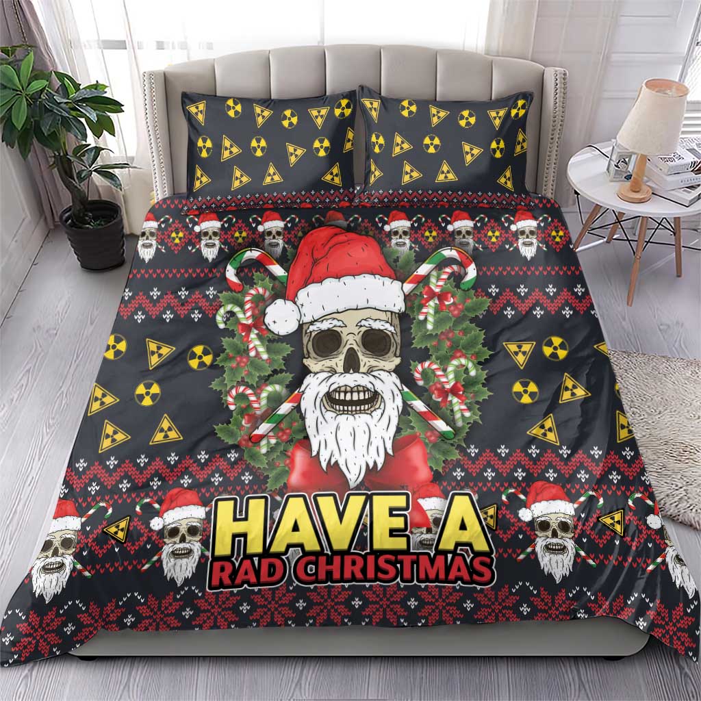Black holiday skull Santa bedding set with “Have a Rad Christmas” text, candy-cane details.