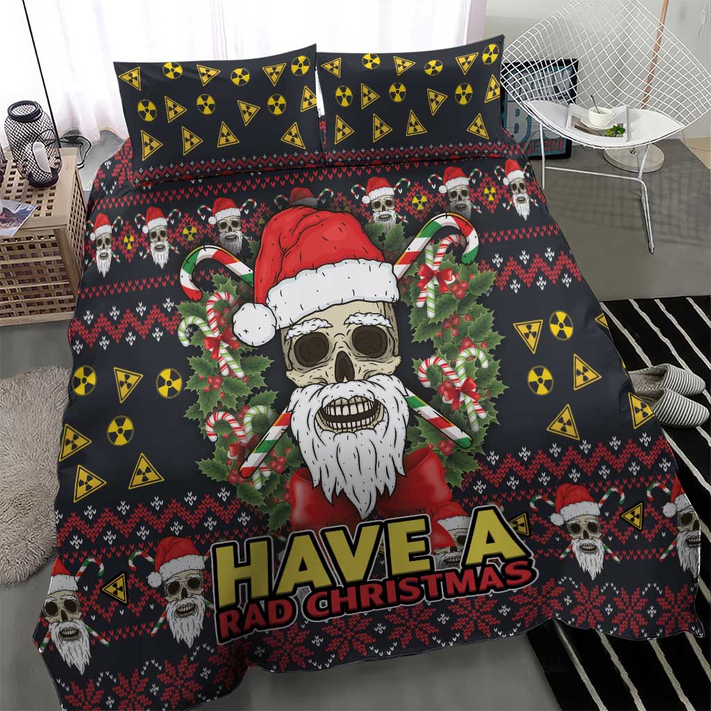 Black “Have a Rad Christmas” skull Santa bedding set with hazard symbols and poinsettia accents.