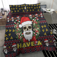 Black “Have a Rad Christmas” skull Santa bedding set with hazard symbols and poinsettia accents.