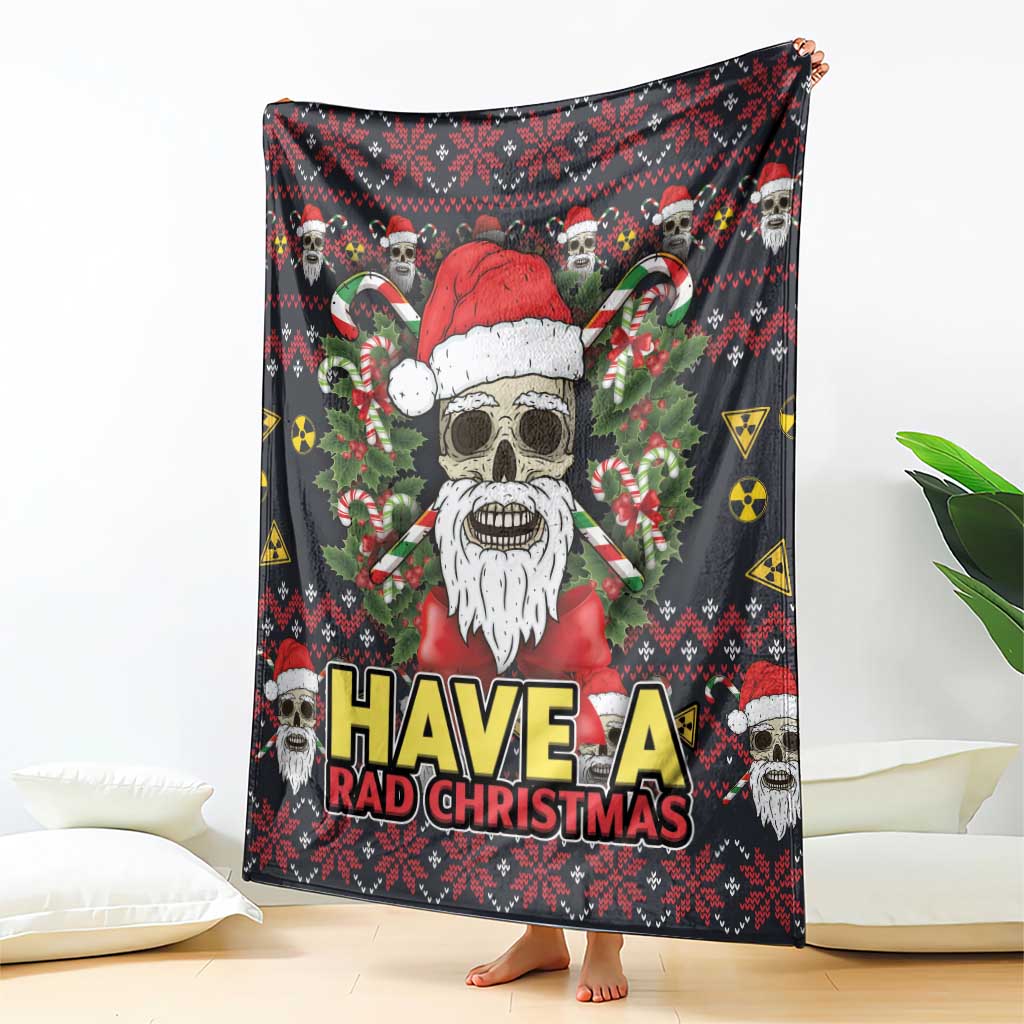 Christmas blanket featuring skulls, elves, and skull Santa with 'HAVE A RAD CHRISTMAS' lettering