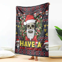 Christmas blanket featuring skulls, elves, and skull Santa with 'HAVE A RAD CHRISTMAS' lettering