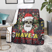Christmas blanket on floor with skull Santa and 'HAVE A RAD CHRISTMAS' typography