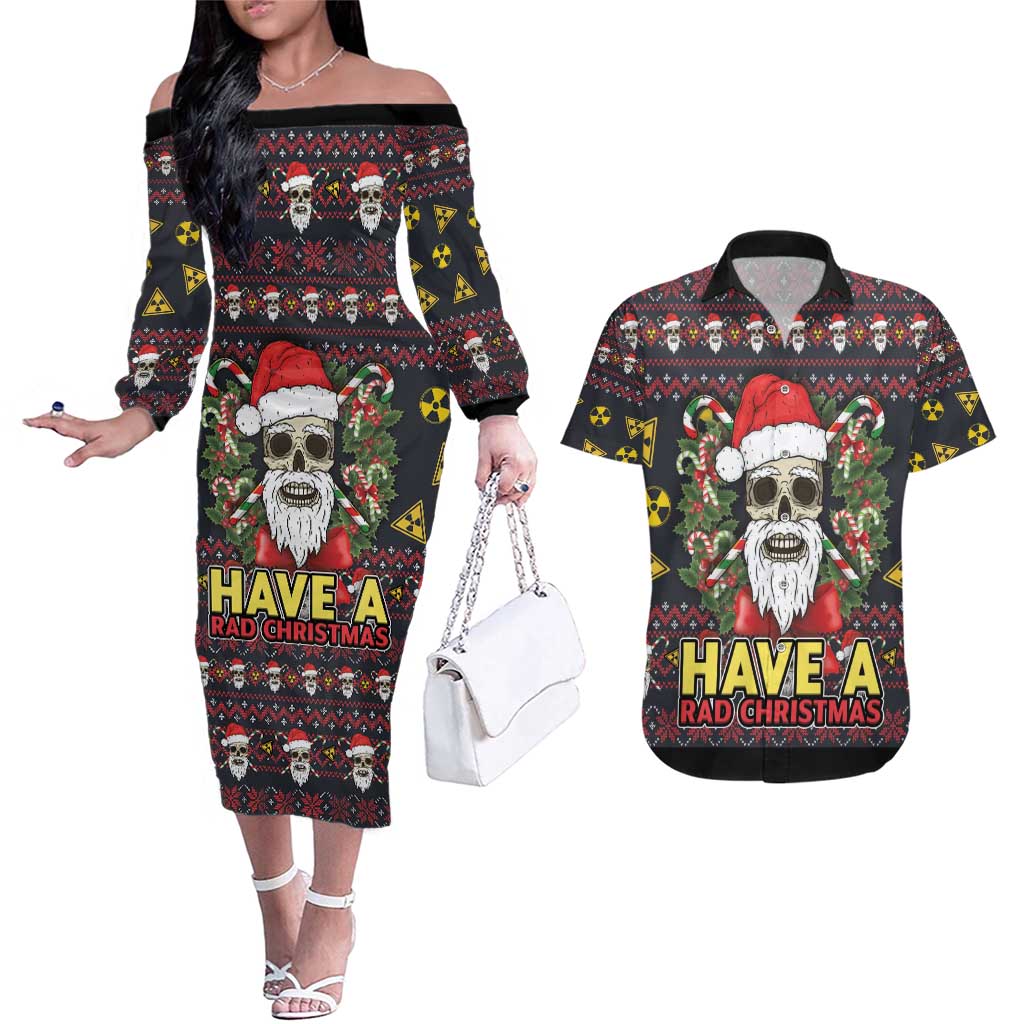 Skull Have A Rad Christmas Couples Matching Off The Shoulder Long Sleeve Dress and Hawaiian Shirt Santa Skull - Wonder Print Shop