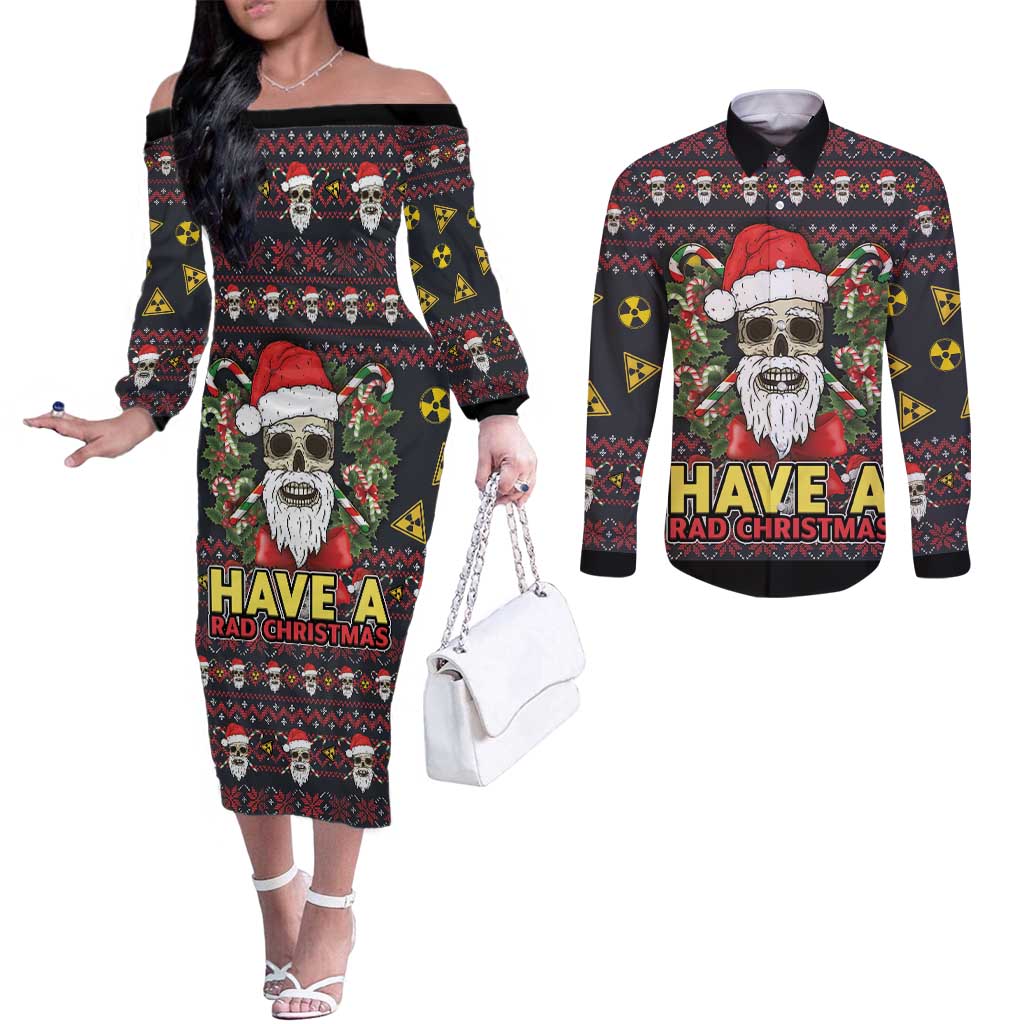 Skull Have A Rad Christmas Couples Matching Off The Shoulder Long Sleeve Dress and Long Sleeve Button Shirt Santa Skull