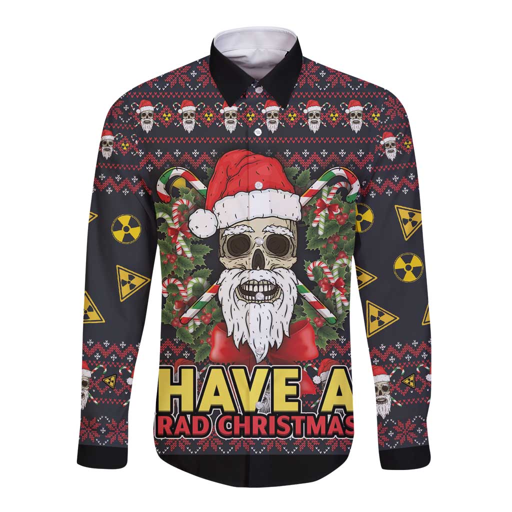 Unisex black button-up long-sleeve shirt with Santa skull graphic, 'HAVE A RAD CHRISTMAS'