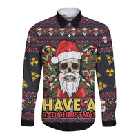 Unisex black button-up long-sleeve shirt with Santa skull graphic, 'HAVE A RAD CHRISTMAS'