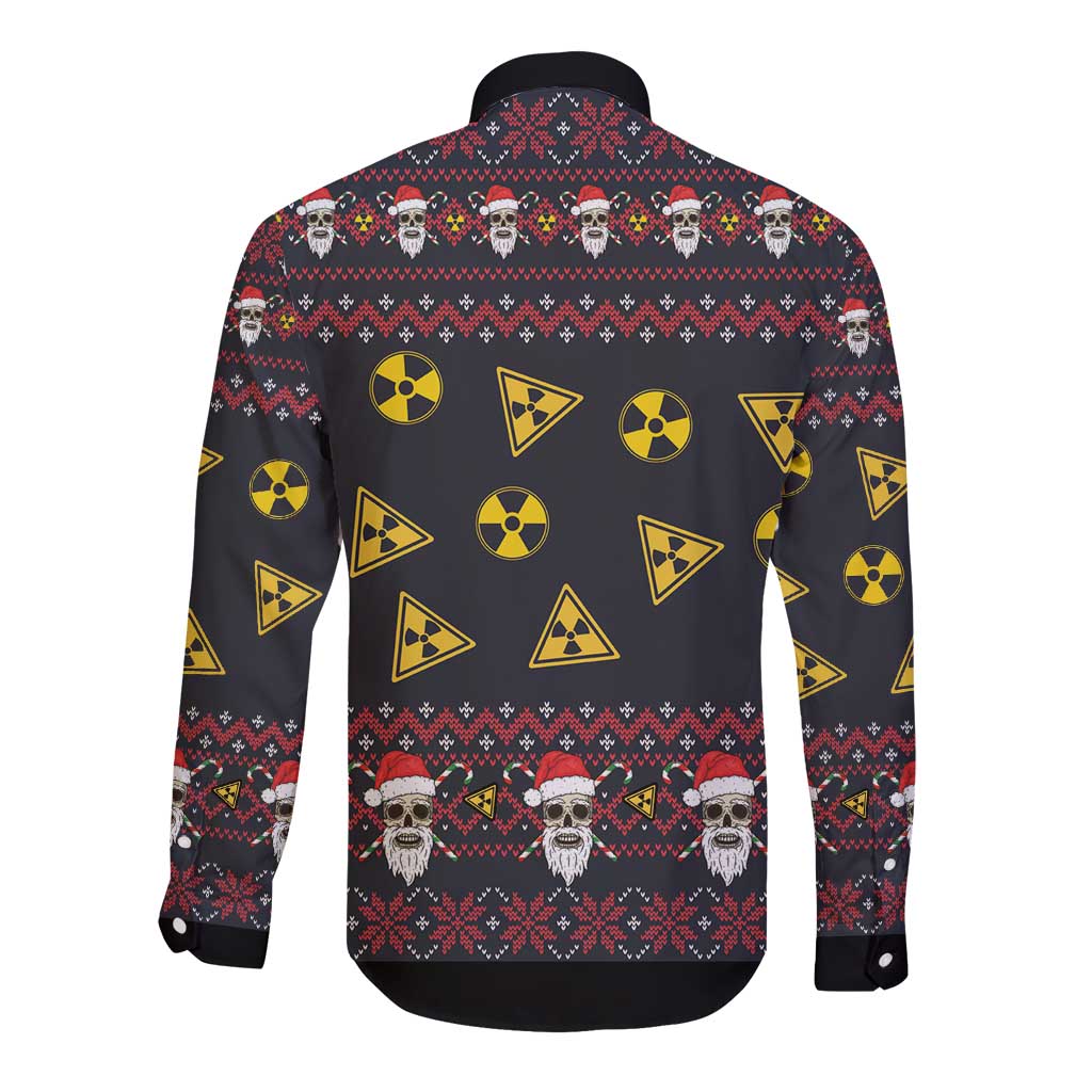 Unisex black button-up long-sleeve shirt with repeating skull faces and nuclear hazard symbols