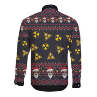 Unisex black button-up long-sleeve shirt with repeating skull faces and nuclear hazard symbols