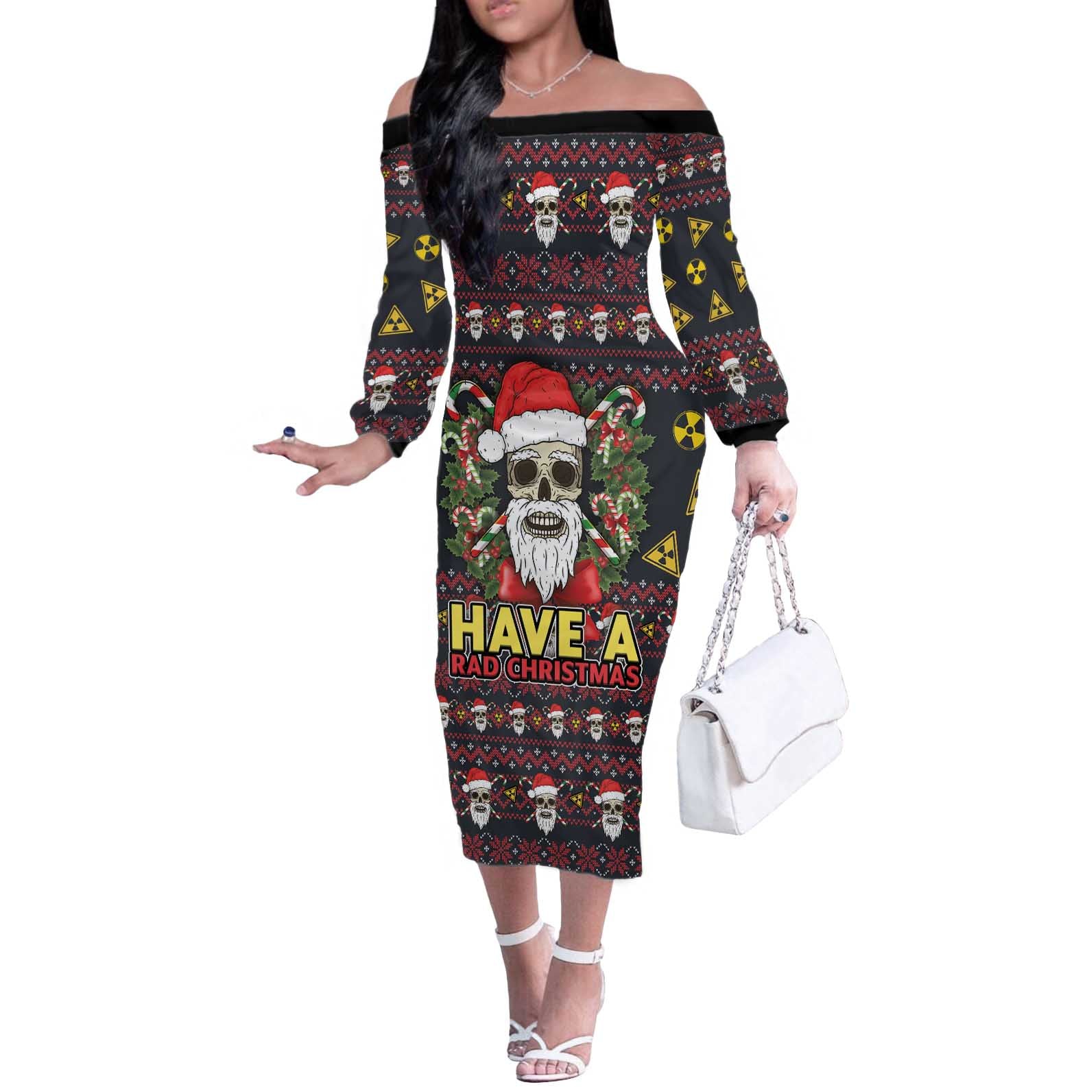 Skull Have A Rad Christmas Off The Shoulder Long Sleeve Dress Santa Skull - Wonder Print Shop