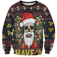 Unisex black Christmas sweatshirt with Santa skull face and candy-cane graphic