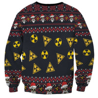 Unisex black Christmas sweatshirt with repeating skull, hazard, and radiation icons