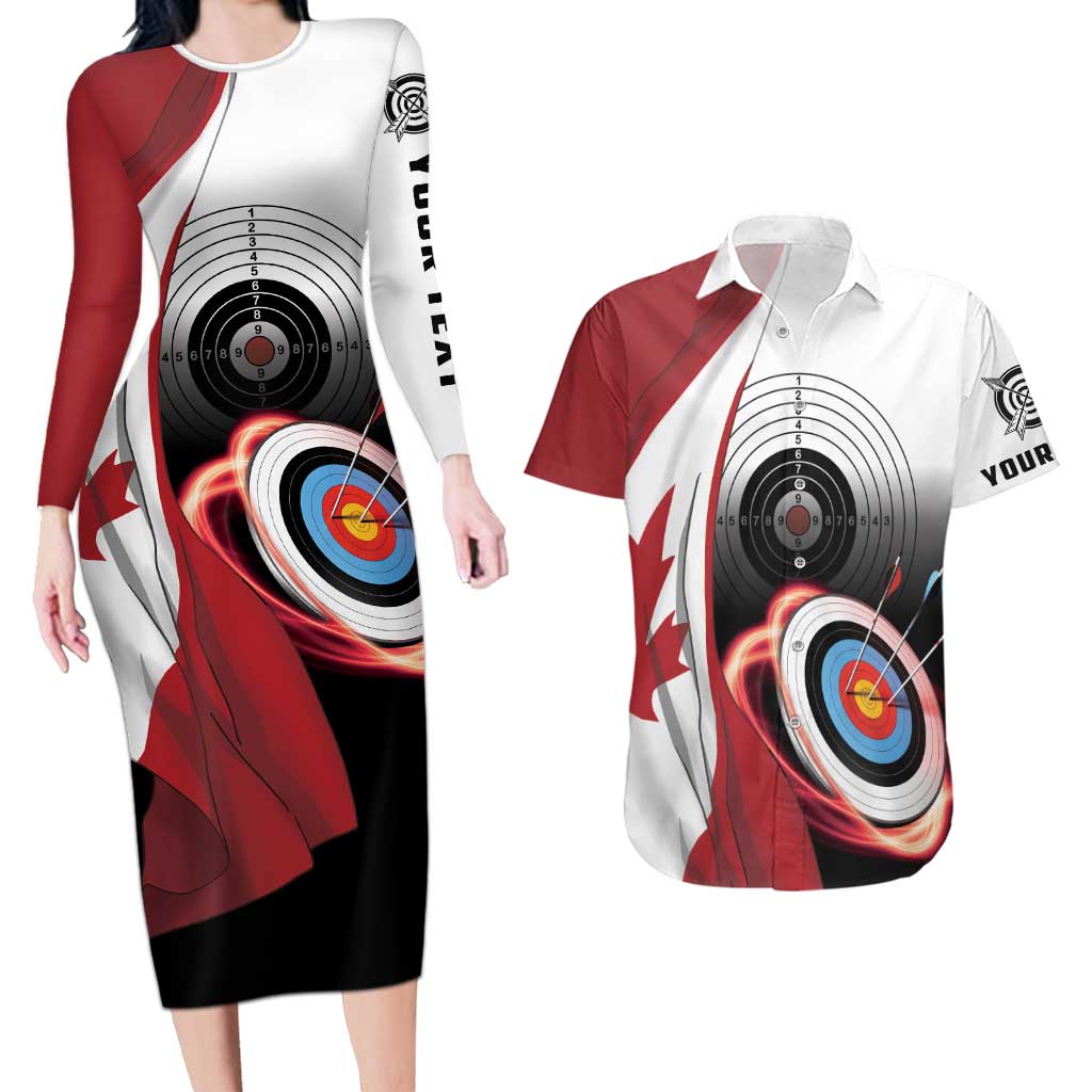 Personalized Canadian Flag Couples Matching Long Sleeve Bodycon Dress and Hawaiian Shirt Canada Archery Target - Maple Leaf